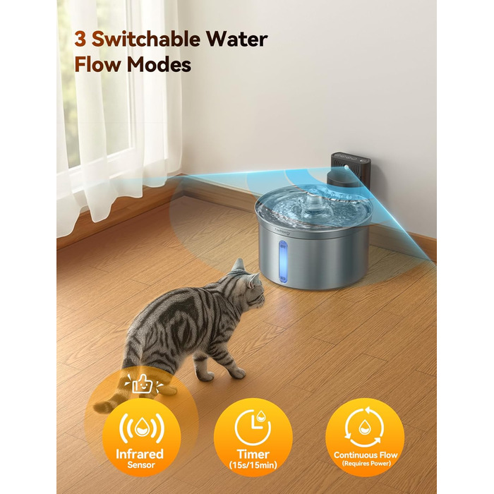 Автоматичний фонтанчик для котів та собак FEELNEEDY FN-W19, 3.5L, з датчиком, бездротовий, з акумулятором 4000mAh, 3 режими, з фільтром з активованого вугілля