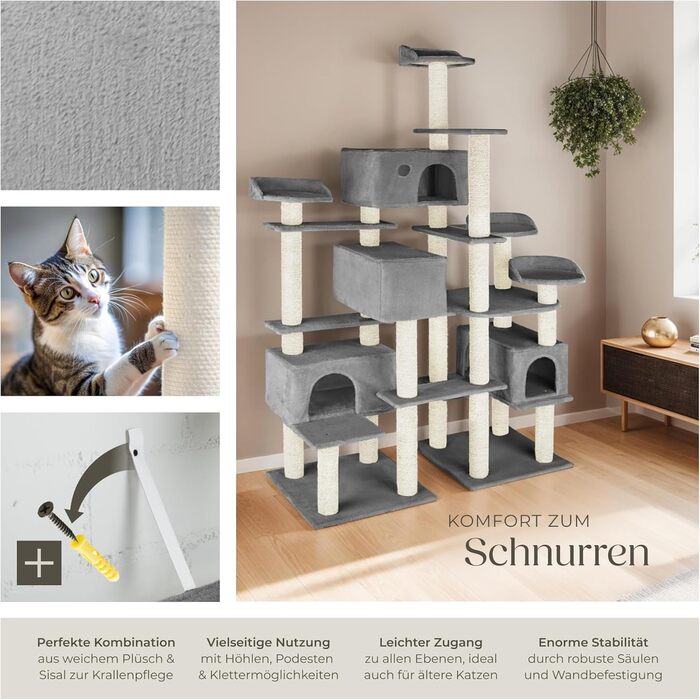 Дерево для котів Tectake® велике, з аксесуарами, XXL, 4 будиночки, ігровий комплекс, стовпчик для дряпання з сизалю, сірий | 403920