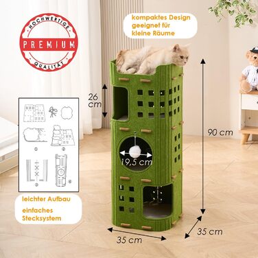 Сучасний котячий комплекс з 4 ярусами та 3 будиночками для котів, фетр, стійка альтернатива котячого будиночка з іграшкою, тихий та компактний (90 см), зелений (35 x 35 x 90 см)