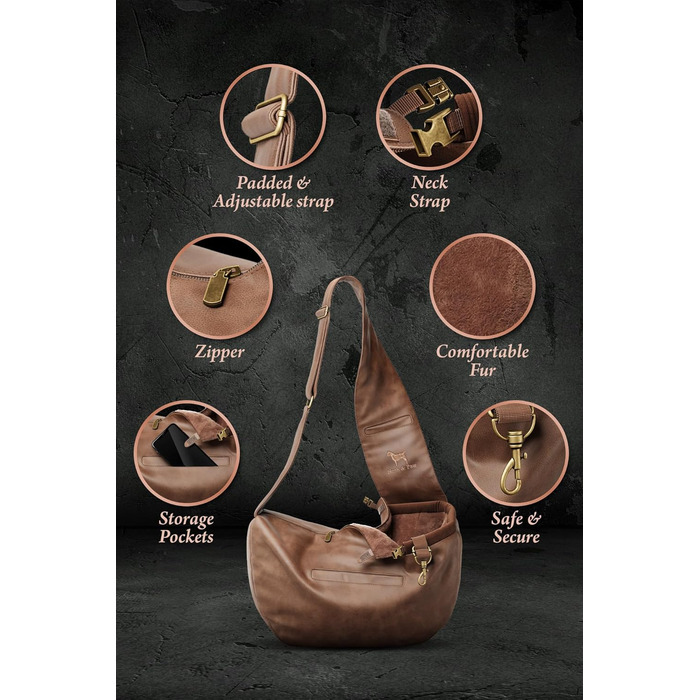 Сумочка для собак Noah & Paw для маленьких собак до 5 кг, з регульованим плечовим ременем та м'яким хутром, 3 системи безпеки, переноска для тварин з веганської шкіри (колір коричневий, розмір L 38 x 15 x 14 см)