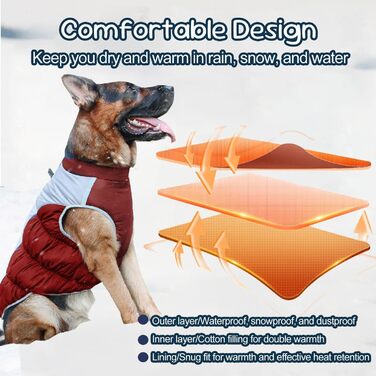 Зимовий теплий одяг для великих собак, XL-5XL. Червоний зимовий теплий одяг для собак, великих порід, з відбиваючими елементами, для снігу, з високим коміром.
