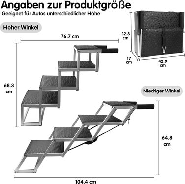 Східці для собак у машину SDLDEER, 4 сходинки, складані, регульована висота, до 80 кг, 64-68 см