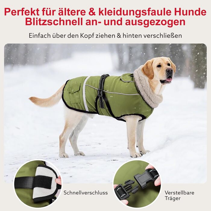 Зимовий одяг для собак, водонепроникна куртка для великих собак з регульованими лямками, теплий одяг для собак з флісу, світловідбиваючі смуги, підходить для лабрадорів, оливковий, XL