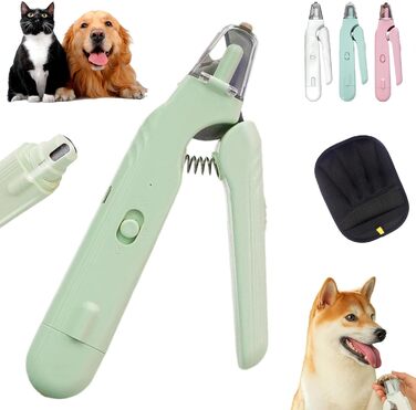 Лампові ножиці для догляду за кігтями тварин 2-в-1 з LED-підсвічуванням, захистом від бризок, тихим мотором та надгострими лезами (зелені)