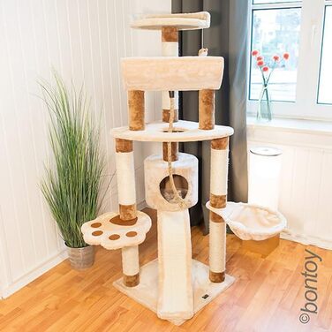 Дряпка для котів Bontoy Lou, кремово-коричнева, 145 см, велика лежанка 46 см, ігровий комплекс для відпочинку, ігор та точіння кігтів