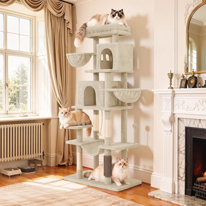 Драбина для котів YITAHOME - кігтеточка, будиночок, велика платформа, товсті стовпи (11 см), м'яке ліжко, 50 x 50 x 157 см (Бежевий)