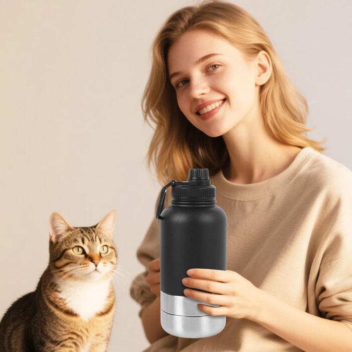 Водяна пляшка для собак на винос 950 мл - 4-в-1 з мисками для води та їжі, ізольована сталева пляшка для собак, BPA-Free, аксесуари для собак для подорожей, походів, прогулянок