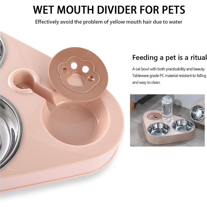 Миска для кота з нержавіючої сталі 3 в 1 з автоматичним дозатором води, подвійна миска для котів та собак (рожева)