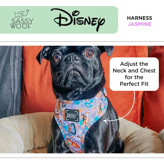 Регульована шлейка для собак Sassy Woof Disney Принцеса Жасмін, L, дихаюча сітка, не тягне, 2 D-кільця, для великих собак, офіційна ліцензія