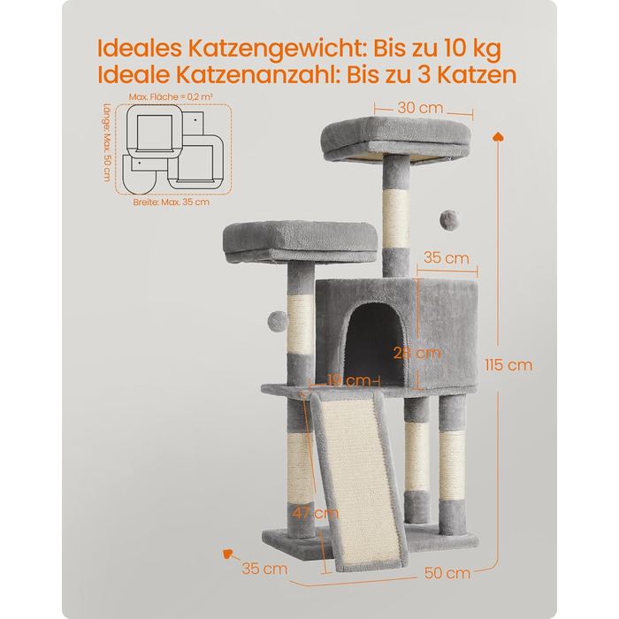 Дерево для котів FEANDREA Kratzbaum, 115 см, сірий, з платформою та когтеточкою, з м'якого плюшу, повністю обмотане сизалем, PCT141W01