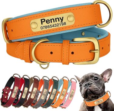 Нашийник та поводок для собак, шкіряний, персоналізований, м'який, з міцним нашийником та індивідуальною табличкою, регульований (M, верблюжий, комплект (S:Neck 23-32cm, Width 1.5cm, помаранчевий та блакитний))