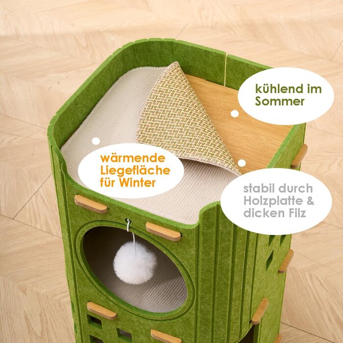 Сучасний котячий комплекс з 4 ярусами та 3 будиночками для котів, фетр, стійка альтернатива котячого будиночка з іграшкою, тихий та компактний (90 см), зелений (35 x 35 x 90 см)