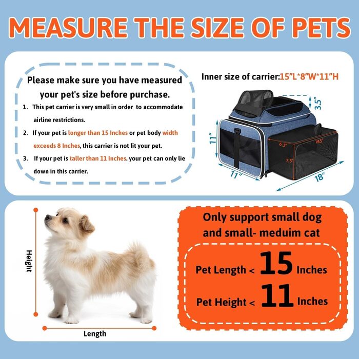 Переносна сумка-переноска для тварин Petskd, розширювана, 43.2 x 28.9 x 24.5 см, блакитна, для собак та котів до 4.5 кг