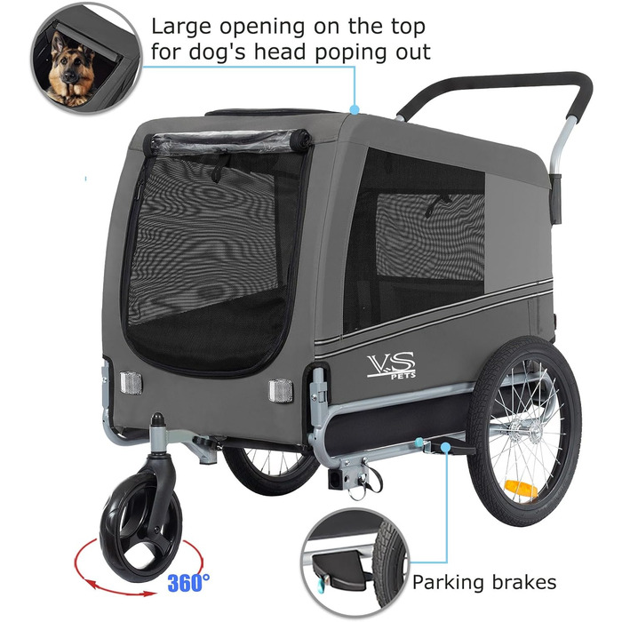 Візок для собак Tiggo VS Pets 2-в-1: візок та велосипедний причіп, сірий, об'єм 270 л, до 35 кг