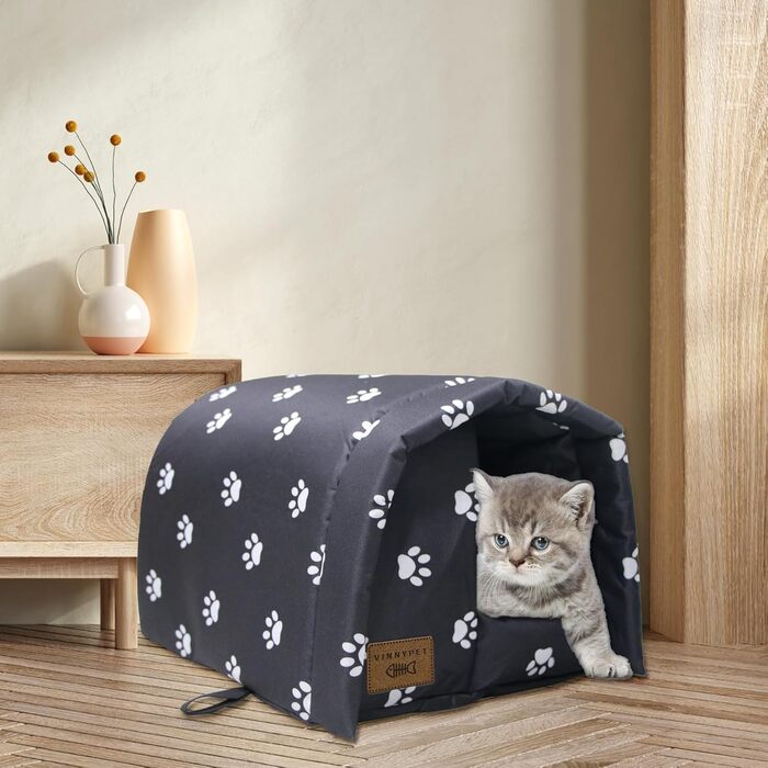 Vinnypet Будиночок для котів для вулиці, зимовий, водонепроникний і теплий, складаний, з плюшевою подушкою, м'який будиночок для собак і котів, притулок для бездомних тварин, 54x42x36 см, чорний