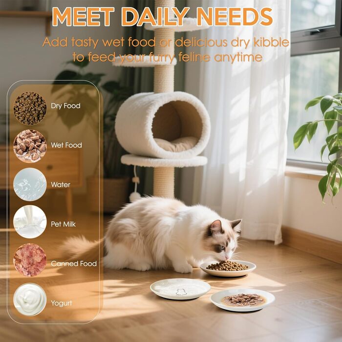 Набір мисок для котів FoiiLiio 6 шт. з кераміки (15x3.0 см) з неслизьким силіконовим дном. Миски для котячого корму, годівниці для котів та собак. Білий колір.