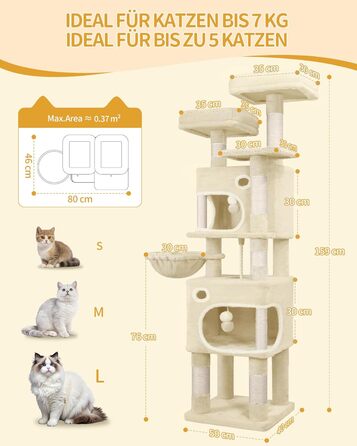 Драбина-кіготь для котів Hzuaneri, 159 см, з 8 стовпчиками, 3 платформами, 2 хованками, кошиком, плюшевими кульками та мотузкою з сизалю. Підходить для котів різних розмірів. MS15918LG (Бежевий)