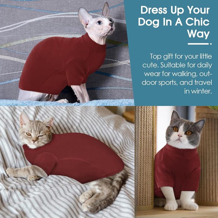 Пуловер з коміром-стійкою для котів AOFITEE, м'який, для безшерстих котів Sphynx, теплий, флісовий, зимовий, піжама, комбінезон для кошенят, котів, розмір S (середній, бордовий)