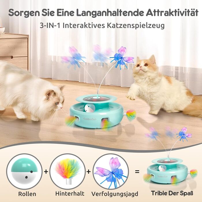 Інтерактивна іграшка для котів GoldenSun 3-в-1: Whack-A-Mole, метелик, м'ячик. USB, 6 насадок, A-білий (зелений)