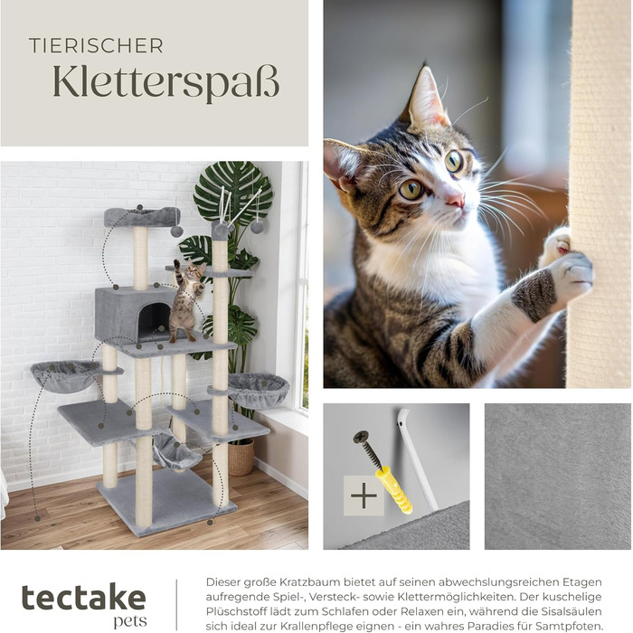 Дерево для котів tectake® XXL, велике, з лежаками, гамаком, будиночком, іграшками, мотузкою, стовпчиком для шліфування, чорний (сірий) - 165 см