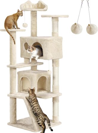 Кігтеточка велика Yaheetech 158 см, Кліматичний комплекс для котів з 3 платформами, 3 стовпчиками для шліфування, 2 будиночками, іграшками, бежевий, 49 x 49 x 158 см