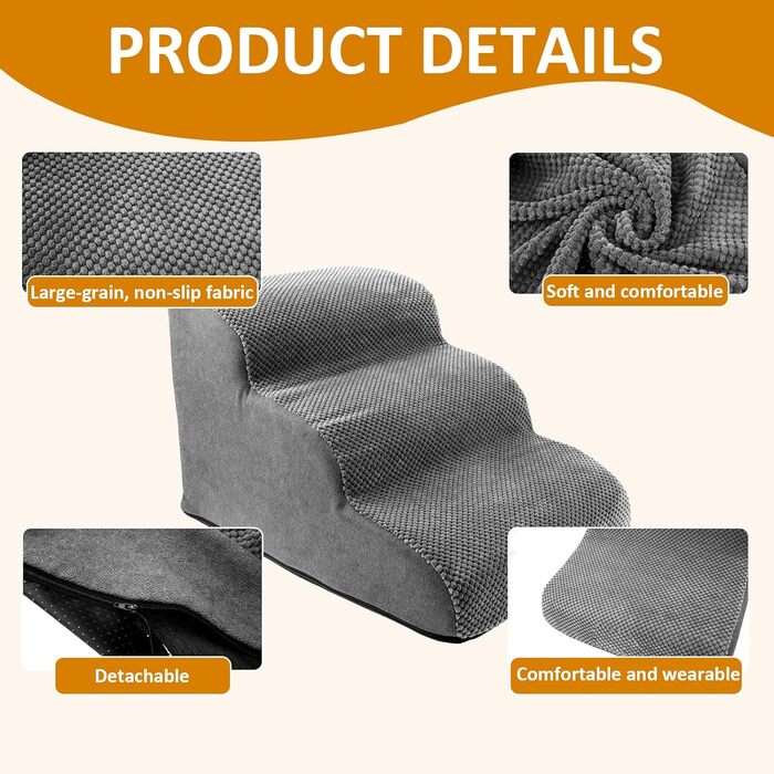 Сходинка для собак 3 сходинки, 35 см, знімний чохол, неслизьке дно. Підходить для ліжка, дивана, авто. Сірий колір, щільний матеріал