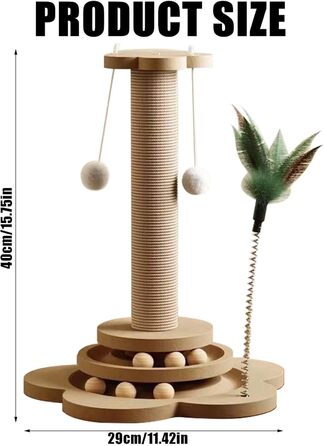 GOMETY Іграшка для котів 4-в-1 з дерева: ролики, обертовий диск, дряпка з сизалю, м'ячики з котячою м'ятою, 40 см
