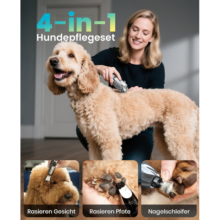 Машинка для стрижки собак Oneisall 4-в-1: стрижка, триммінг, шліфування кігтів. Підходить для собак та котів, тиха, професійна, 4 години роботи від акумулятора