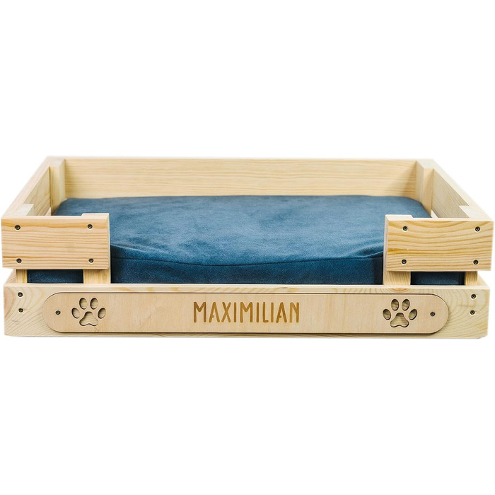 Персоналізоване ліжко для котів LAUBLUST з іменем - гравіювання лапок та імені - диван-ліжко для великих та маленьких котів | Диван-софа для кота - лежанка-платформа з дерева з подушкою | приблизно 60x40x15 см, коричневий (з блакитною подушкою)