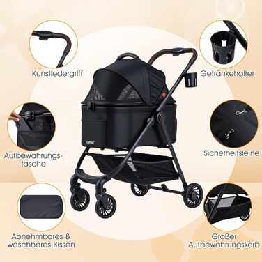 Візок для собак Costway 3 в 1, чорний: візок-будка, сумка-переноска, з регульованим дахом та корзиною