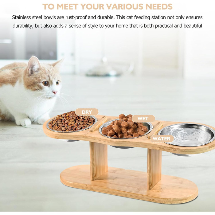 Підвищена годівниця для котів LEKEFETO з 3 мисками з нержавіючої сталі, регульована висота, дерев'яний підставник, годівниця та миска для води для котів та маленьких собак