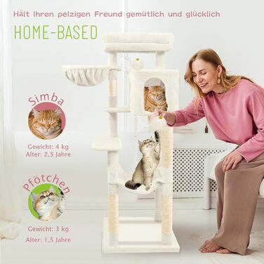 Дерев'яна кігтеточка для котів LEEJARD XXL, 148 см, з платформами, будиночком, гамаком, іграшками та захистом від перекидання, бежева