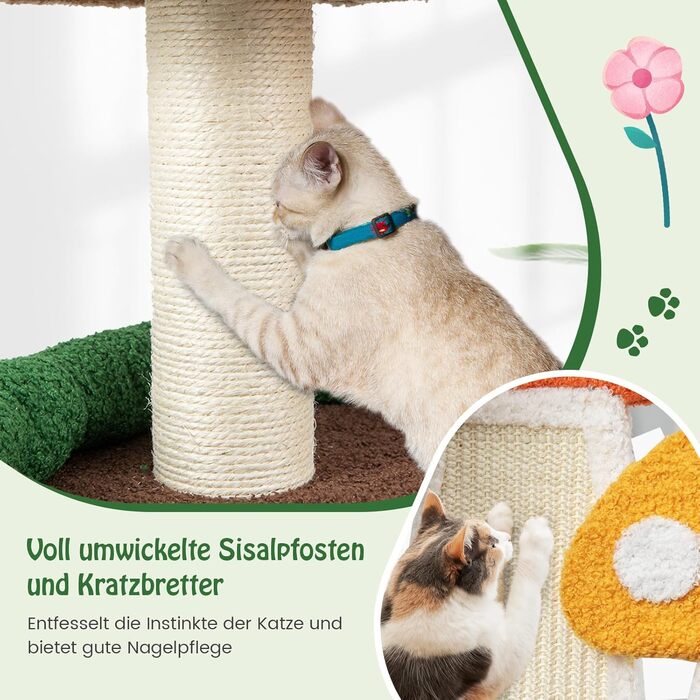 Дерев'яний кігтечка для котів COSTWAY з печериною, сизалевим покриттям та іграшкою, 59x48x102 см, кольоровий