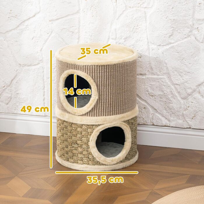 Котячий будиночок PawHut з когтеточкою, 79 см, 3 яруси, когтеточка з сизалевого мотузка, плюшеве гніздо, для великих котів, бежевий+коричневий