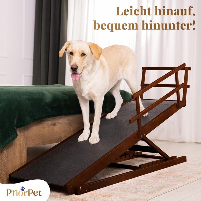 Східці для собак до ліжка з поручнями - для великих собак до 90 кг - регульована висота до 94.5 см - ширина 49,5 см - складані - антиковзні ручки - береза - натуральний колір (волоський горіх)
