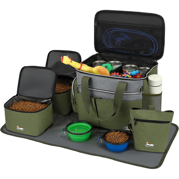 Сумка для собак TAIHOYIN: переноска, набір для подорожей з мисками, килимком та кишенькою для ласощів, зелена