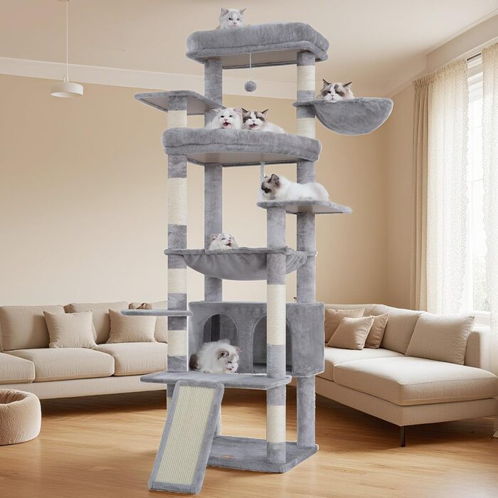 Кігтеточка Heybly для котів, 202 см з 2 великими лежаками, когтешкребком, великою печерою, кошиком, сизалевим стовпом та гамаком. Підходить для дорослих котів, світло-сіра HCT038W