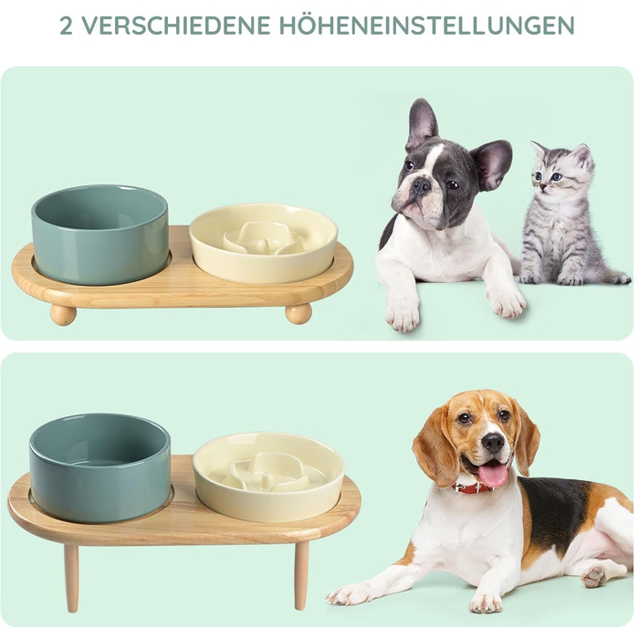 Набір керамічних мисок для собак та котів SpunkyJunky: миска проти запобігання ковтання + підставка з бамбука (Бежевий + Темно-зелений), Ø15.5 см
