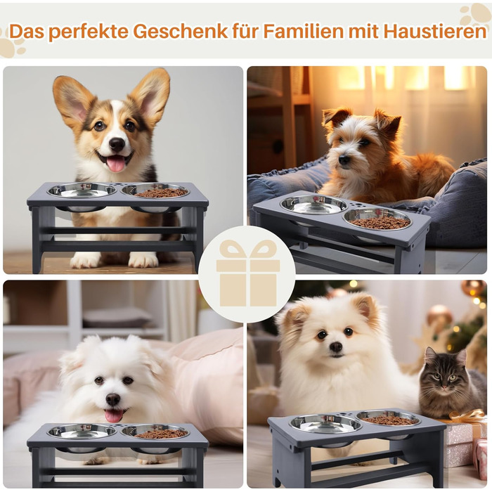 Підвищені годівниці для собак HTB, бамбук, 2 миски з нержавіючої сталі, 44x24x18 см, 18 см висота, сірий колір