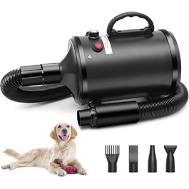Фен для собак, 2800W, регулювання швидкості та температури, тихий, 4 насадки, для професійного та домашнього використання (Чорний)