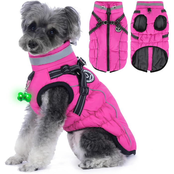 Зимовий одяг для собак, теплий водонепроникний одяг для собак з шлейкою, світловідбиваючі смуги, LED-ошийник, зимові куртки та одяг для маленьких та середніх собак, рожевий, розмір S