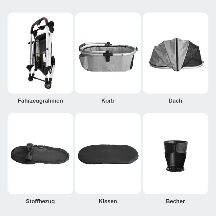 Візок для собак DAISTERN, складаний, до 25 кг, сірий. Легкий алюмінієвий каркас, поворотне EVA-колесо з амортизатором та гальмом, 4-в-1 для прогулянок, міста та ветеринара.