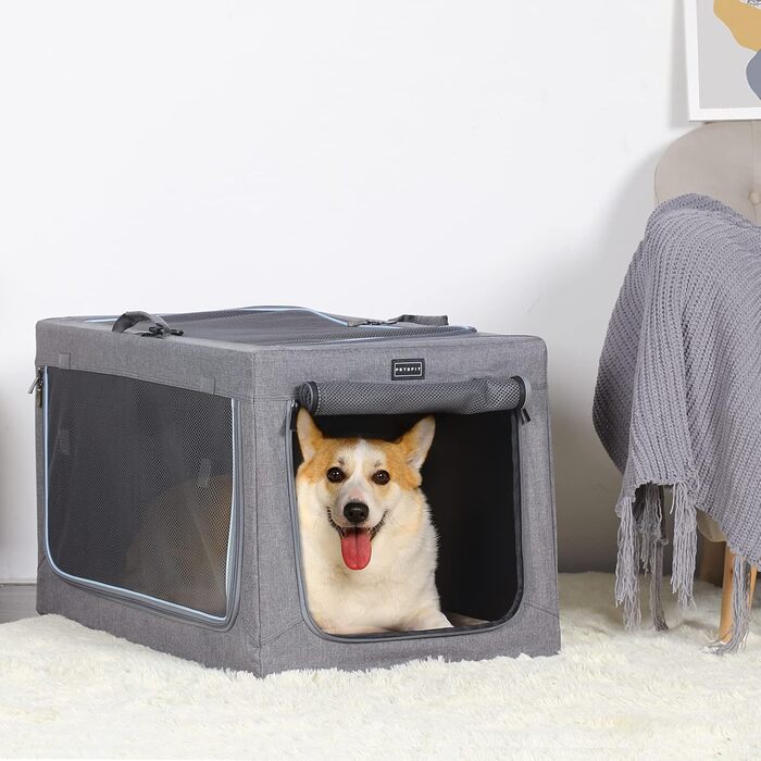 Складаний бокс для собак середніх порід Petsfit, зручна переноска для дому та подорожей, регульований розмір, міцні сітчасті вікна, товста плюшева підстилка, розмір M, сірий