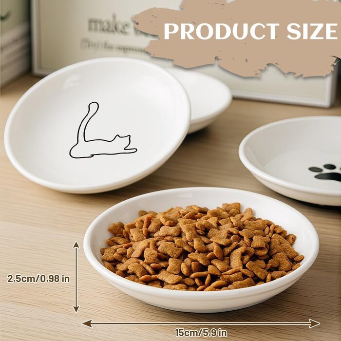 4 миски для котів з кераміки, годівниця для кота з неслизьким гумовим дном, миска для котів, що запобігає втомі вусів, широка та плоска годівниця для кошенят та дрібних тварин (4 шт.)