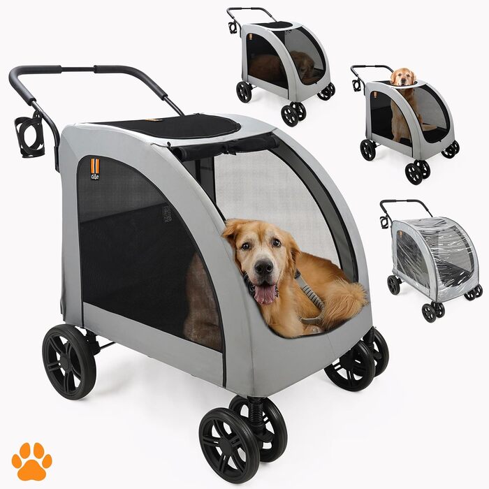 Візок для собак Честер - візок для великих собак, котів, зручний, складний, з дощем та тримачем для напоїв, вантажопідйомність 50 кг (Сірий)