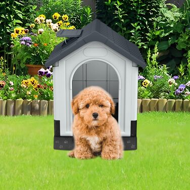 Будка для собак Aufun, пластикова, сіра, 65x56.5x67 см, M, для вулиці та дому, водонепроникна, ізольована