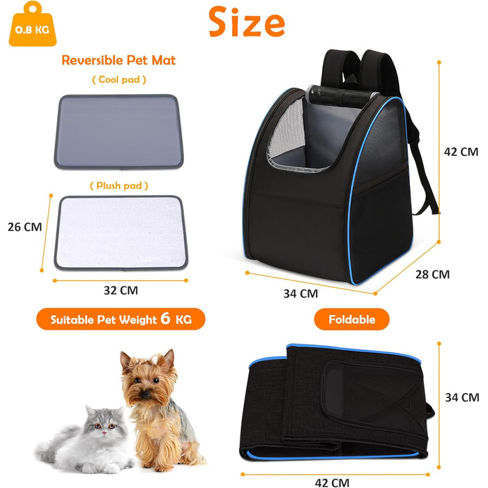 Рюкзак для тварин Allsopets: складаний рюкзак для котів та собак, дихаючий, знімний килимок. Ідеально для подорожей, прогулянок та хатніх потреб. (Чорний, Синій)