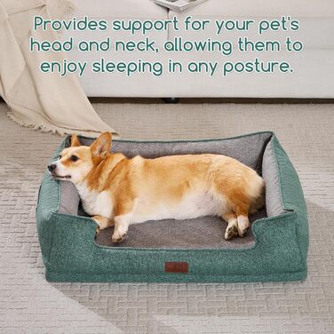 Ортопедичне собаче ліжко Hollypet для середніх собак, зелене, 81.3 x 61.3 x 32 x 24 см. Знімний, водонепроникний, миючий чохол та антиковзаюча підкладка.