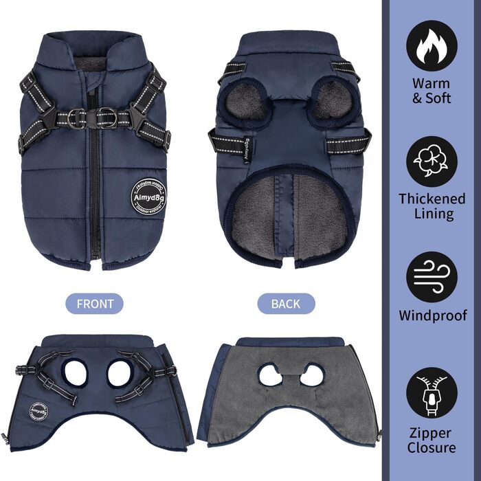 Зимова куртка для собак з нагрудником та гнучким поясом, захист від вітру та живота, світловідбиваюча жилетка для тварин з флісовою підкладкою, для маленьких собак (Темно-синій, XL)