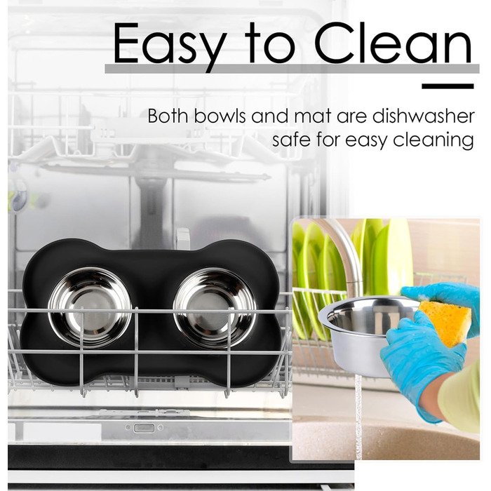 Набори мисок для собак CEASELESLY з нержавіючої сталі (2 x 400 мл) з підставкою з силікону, чорного кольору. Підходять для собак середніх та малих порід, кошенят та цуценят.